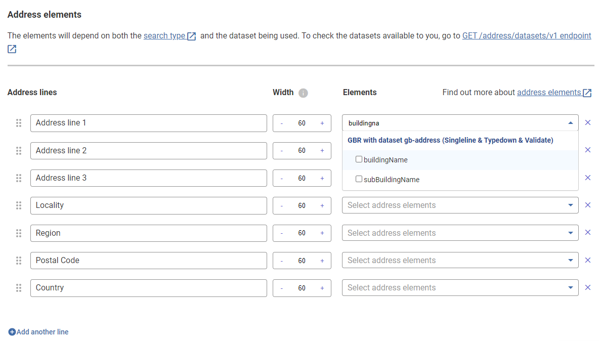 The address elements page of the layout builder.