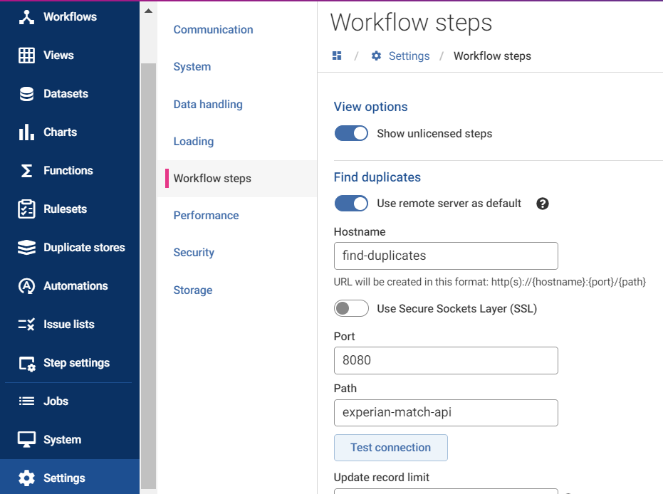 Example of Workflow steps for the Find Duplicates server where find-duplicates is the container name.