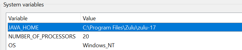 System variables window showing the path of JAVA_HOME set to the local Java 17 installation folder.