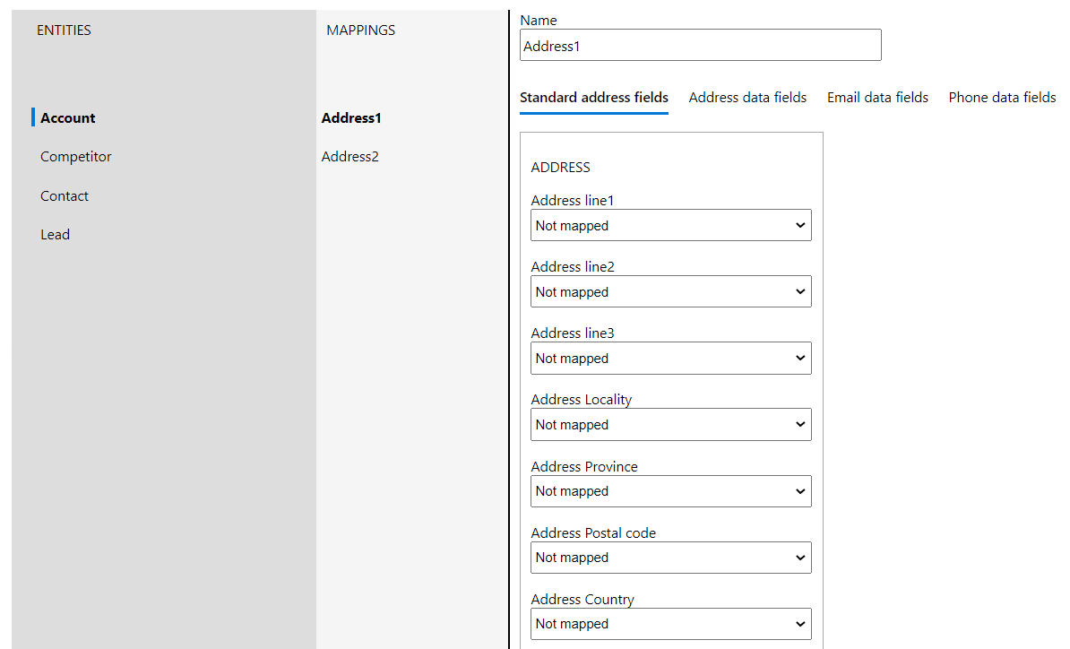 View of mappings tab with standard entities and address mappings