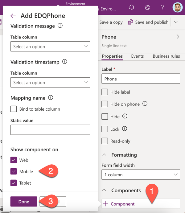 Field properties for a phone field