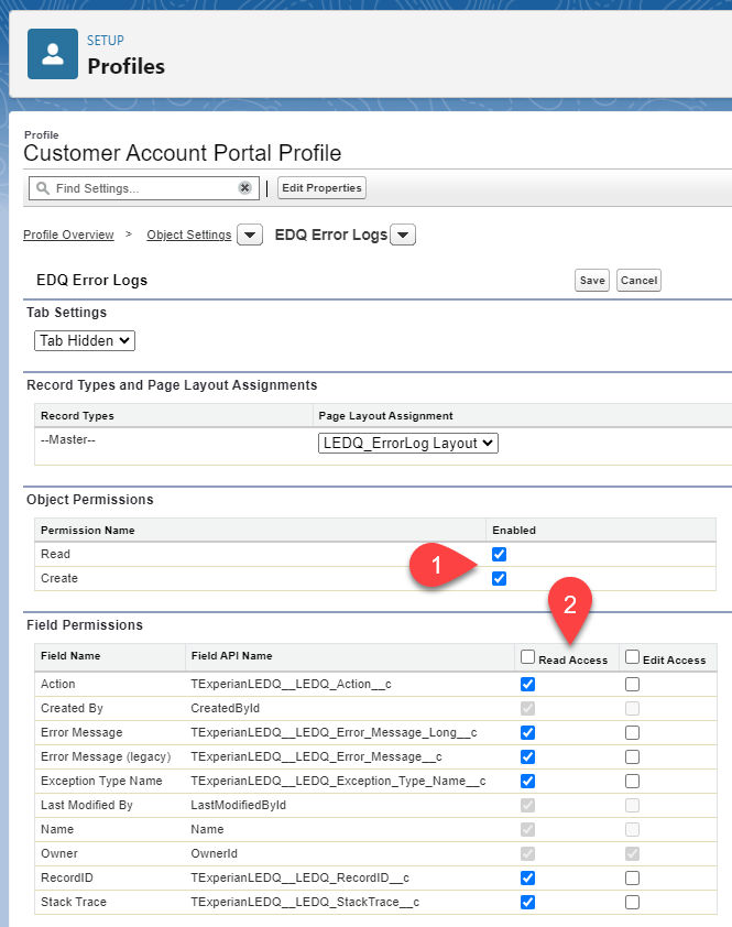 Editing Object Settings for EDQ Error Logs object