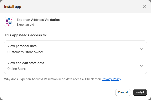 Shopify admin - Install app dialog box